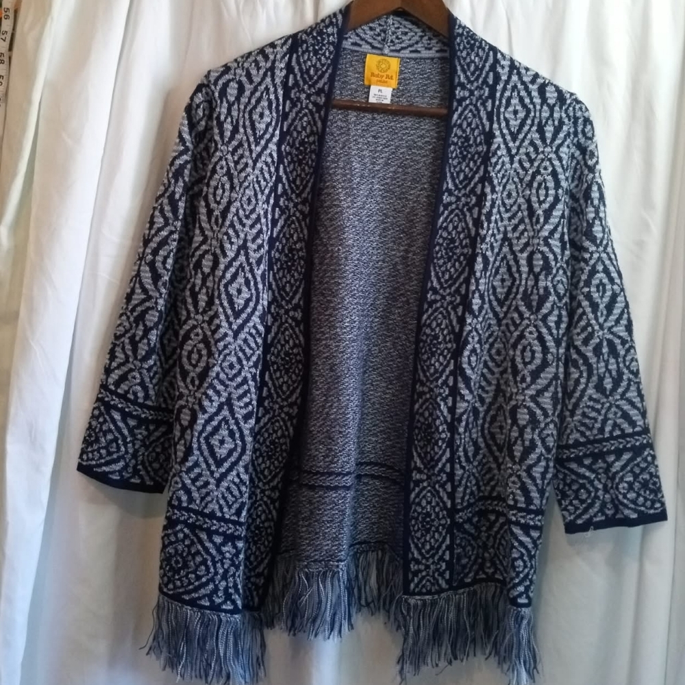 Ruby Rd. Petite Large Navy White Open Front Fringe Knit Cardigan Coastal Casual